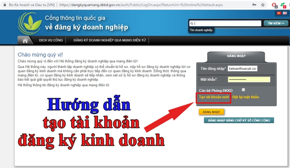 Cách tạo lập tài khoản đăng ký kinh doanh
