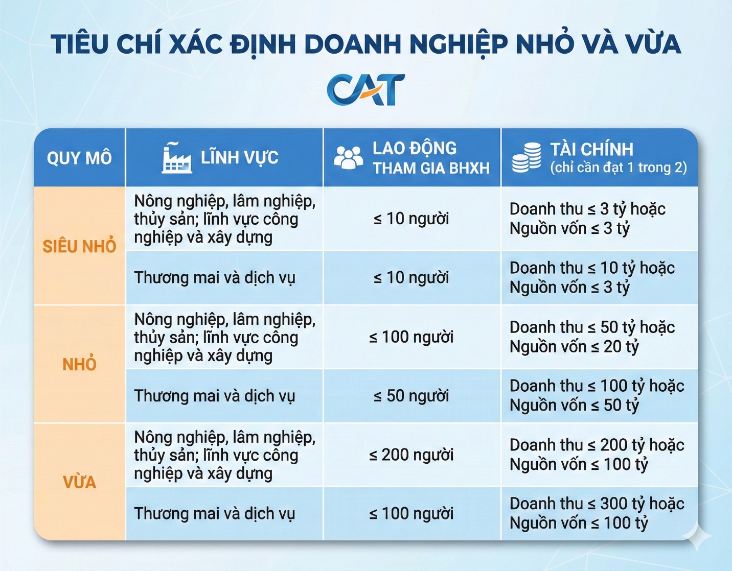 Bảng quy mô phân loại doanh nghiệp